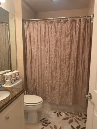 a bathroom with a sink a toilet and shower curtain