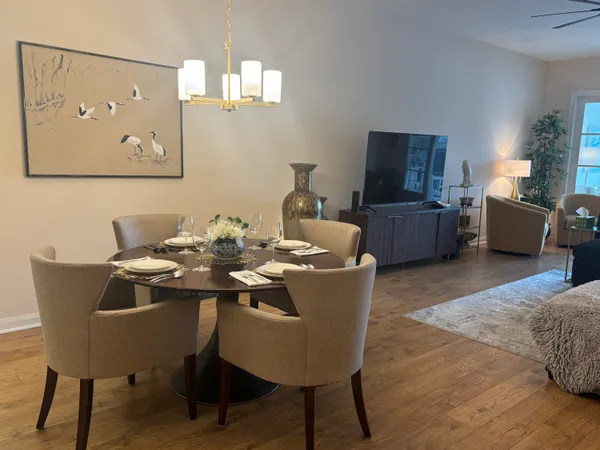 a view of a dining room with furniture
