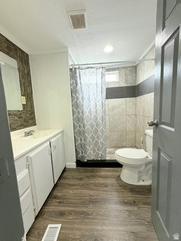 2491 Highway 89, Unit 114 Pleasant View, UT 84404 - Photo 14 of 18 Full bathroom with dark wood-style flooring, vanity, a shower stall, and a textured ceiling