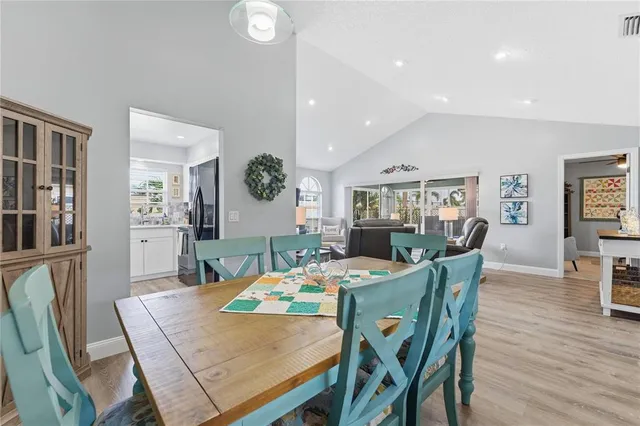 a view of a dining room with furniture