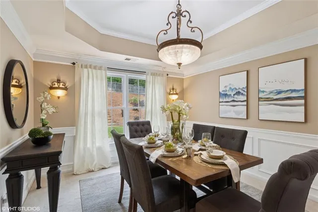 a view of a dining room with furniture