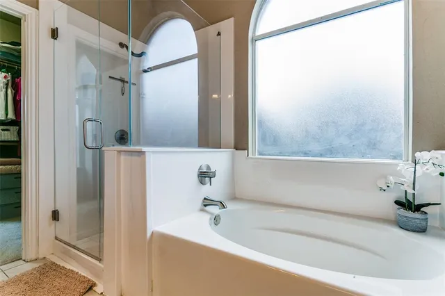 a bathroom with a bathtub and a shower