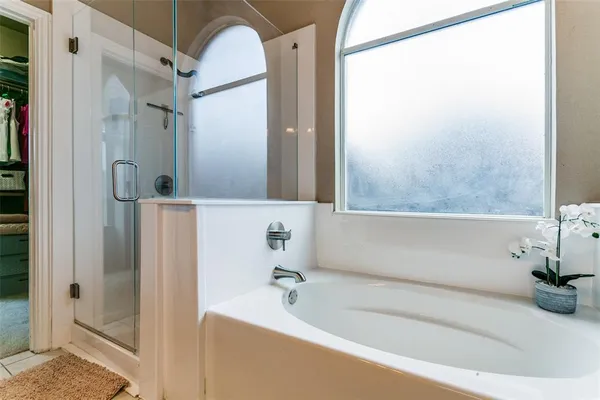 a bathroom with a bathtub and a shower