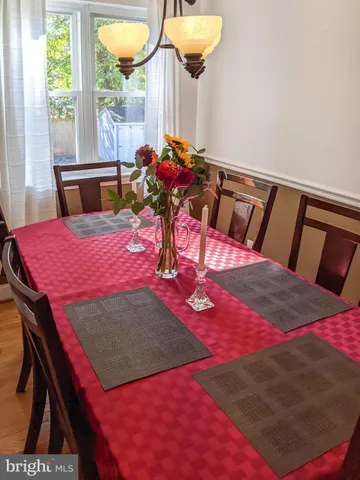 a view of a dining room with furniture