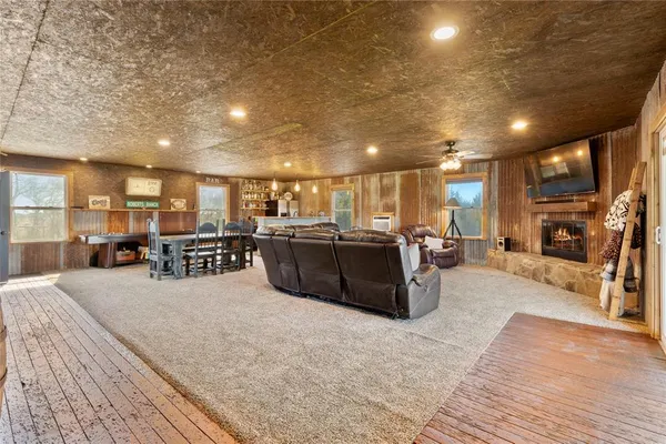 a large room with wooden furniture