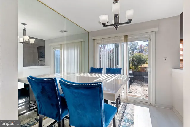 a view of a dining room with furniture and window