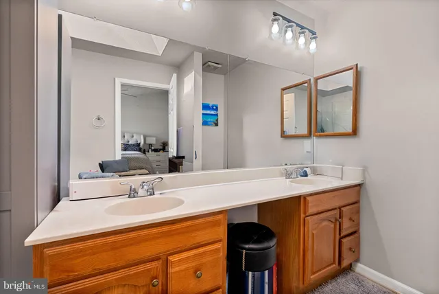 a bathroom with a sink double vanity and a mirror