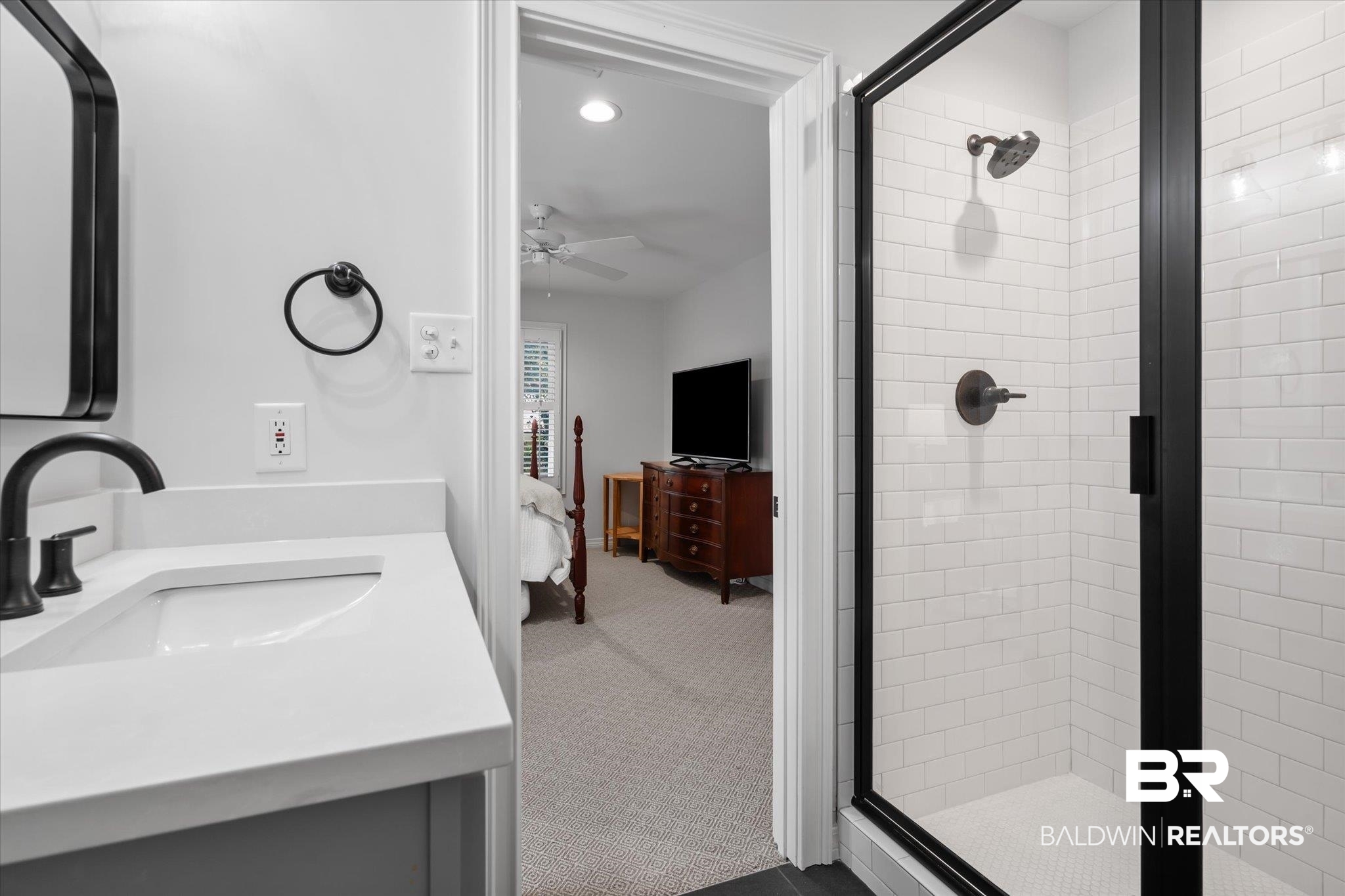 3713 Old Shell Road Mobile, AL 36608 - Photo 37 of 52 Bathroom with ceiling fan, vanity, and a shower with shower door