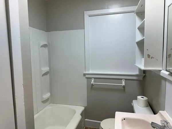 a bathroom with a shower and a toilet
