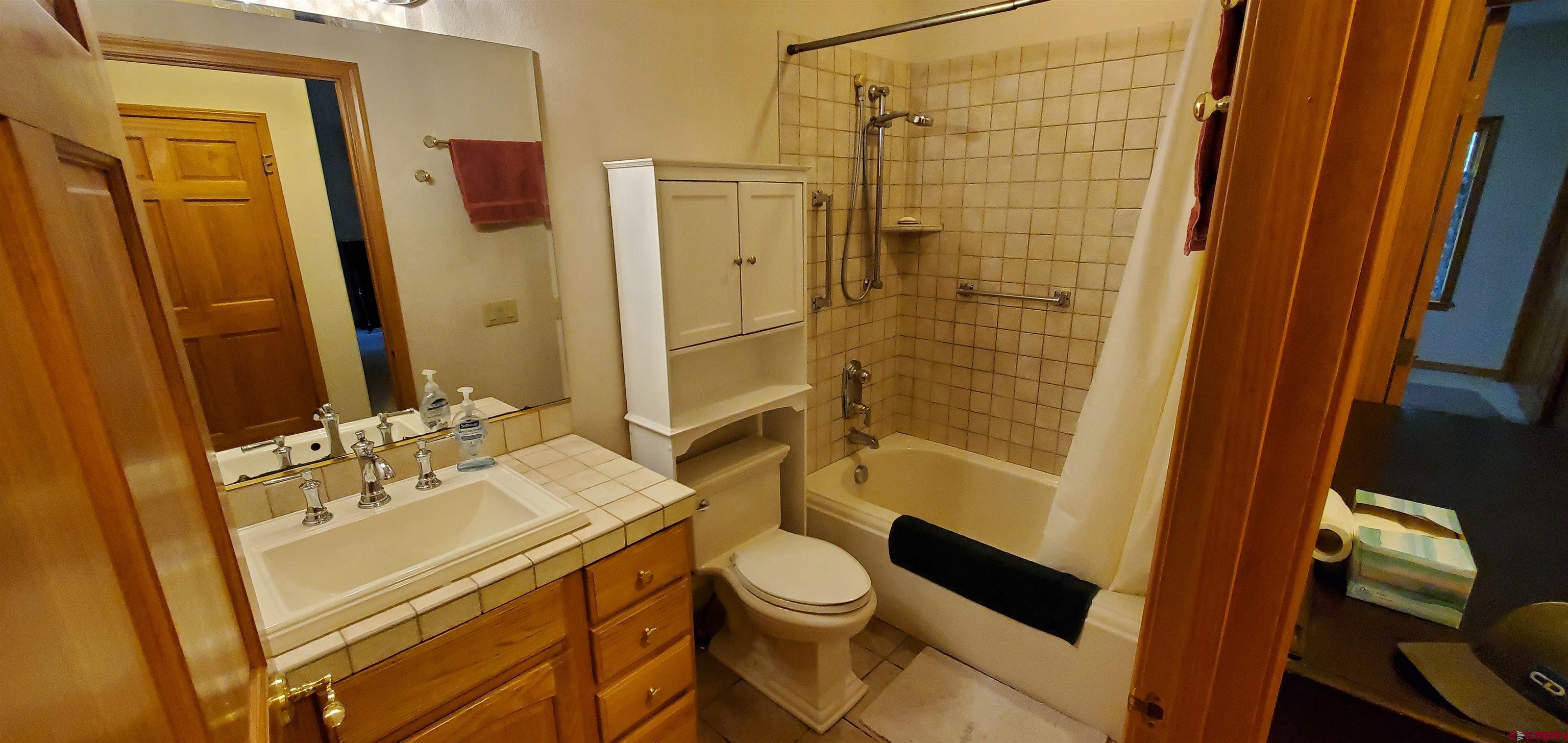 370 Red Rock Road Durango, CO 81301 - Photo 23 of 25 a bathroom with a sink a toilet a mirror and shower