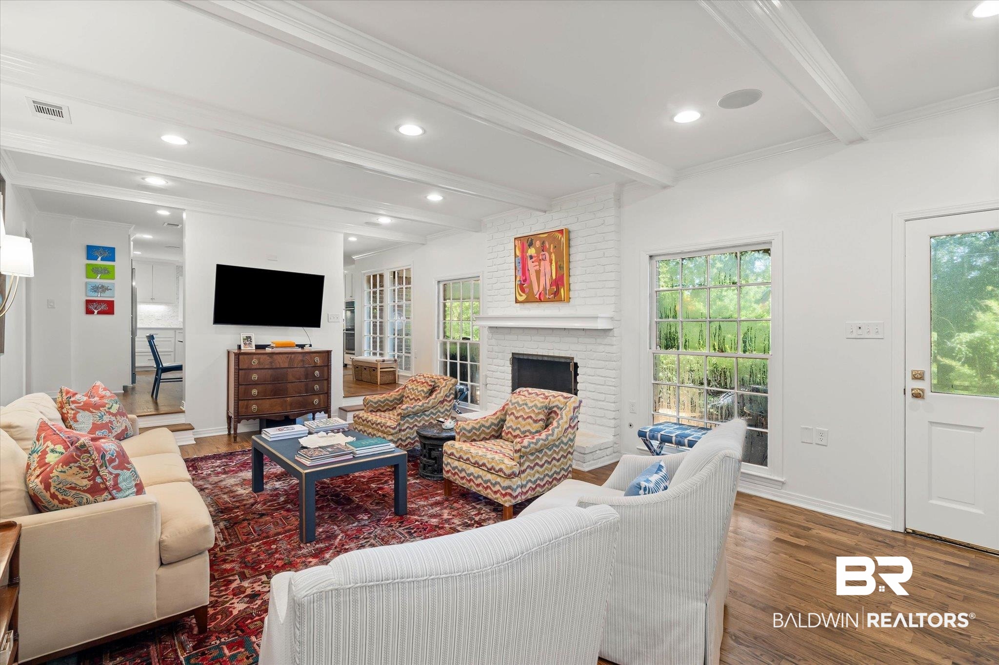 3612 Linden Lane Mobile, AL 36608 - Photo 4 of 42 Living area featuring ornamental molding, recessed lighting, wood finished floors, beam ceiling, and healthy amount of natural light