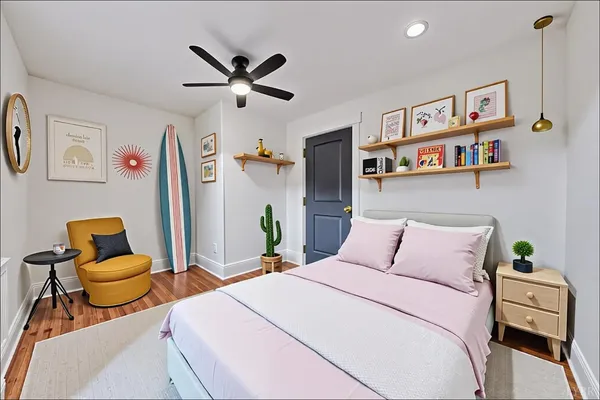 a bedroom with furniture and a bed