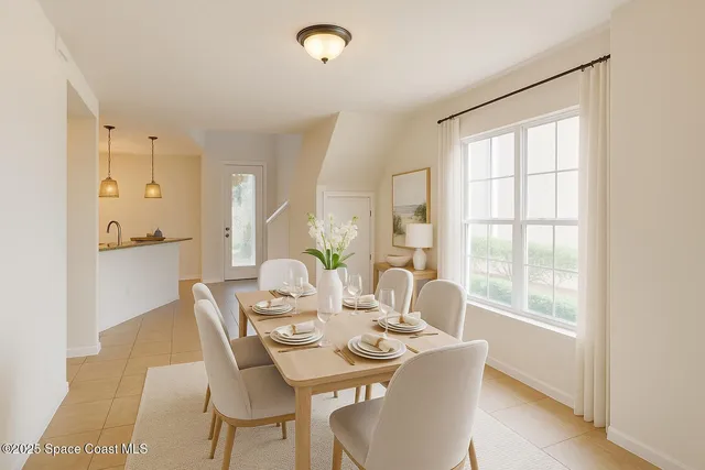 a dining room with furniture and wooden floor