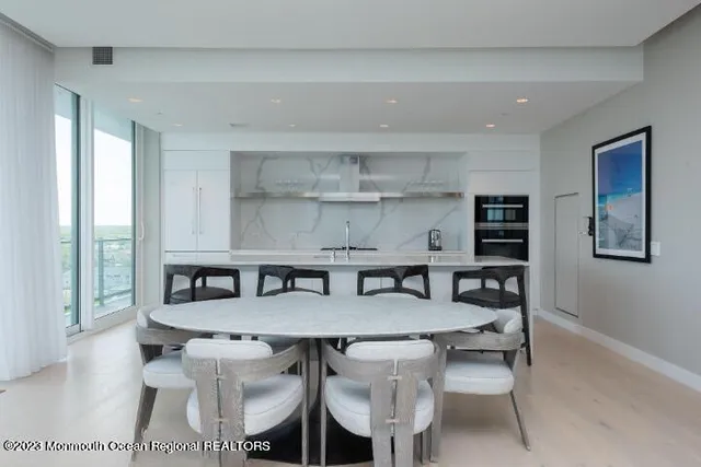 a view of a dining room with furniture