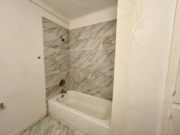 a bathroom with a bathtub and shower