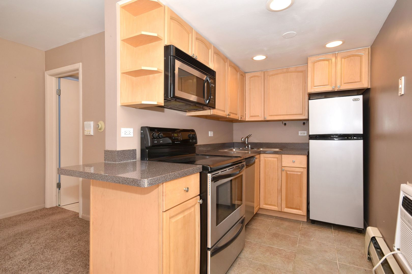 6152 West Rosedale Avenue, Unit 1 Chicago, IL 60646 - Photo 9 of 18 a kitchen with stainless steel appliances granite countertop a refrigerator a stove a sink and a microwave