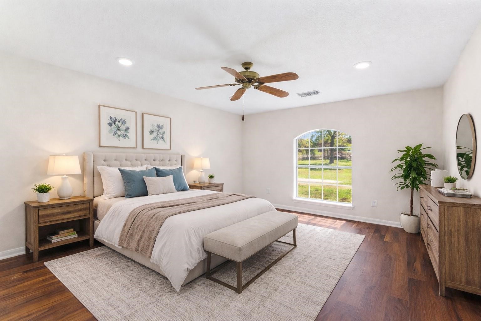 7825 Hughes Ranch Road Pearland, TX 77581 - Photo 16 of 28 (Virtually Staged)
The same bedroom, styled to show its full potential — a versatile, inviting retreat with warmth and character to spare.