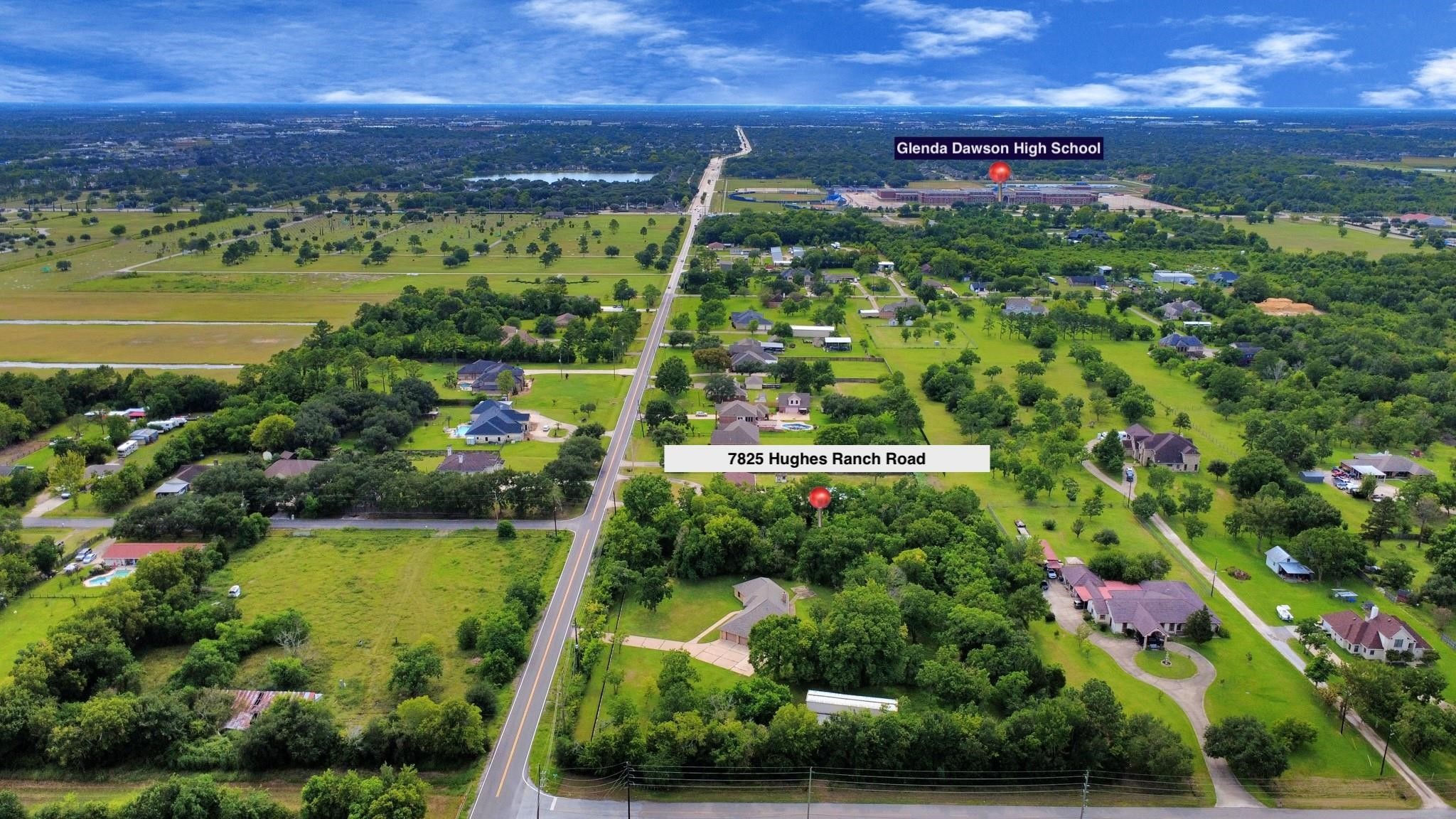 7825 Hughes Ranch Road Pearland, TX 77581 - Photo 27 of 28 From above, the scale of this property and the character of this corridor come into full view — generous lots, open land, and a lifestyle that feels unhurried and uncrowded, all within Pearland city limits and minutes from Glenda Dawson High School.