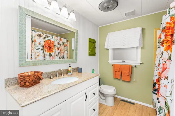 a bathroom with a granite countertop sink mirror vanity and toilet