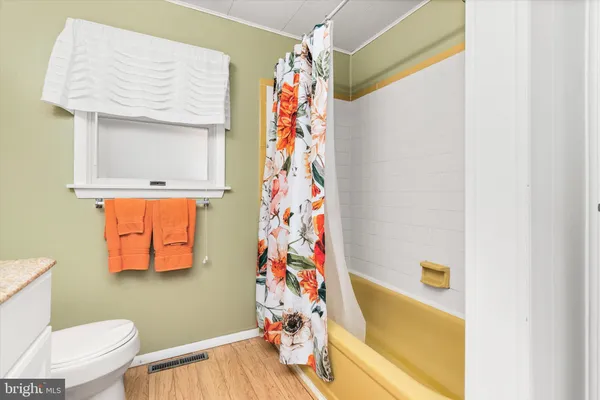 a bathroom with a sink a toilet and shower curtain