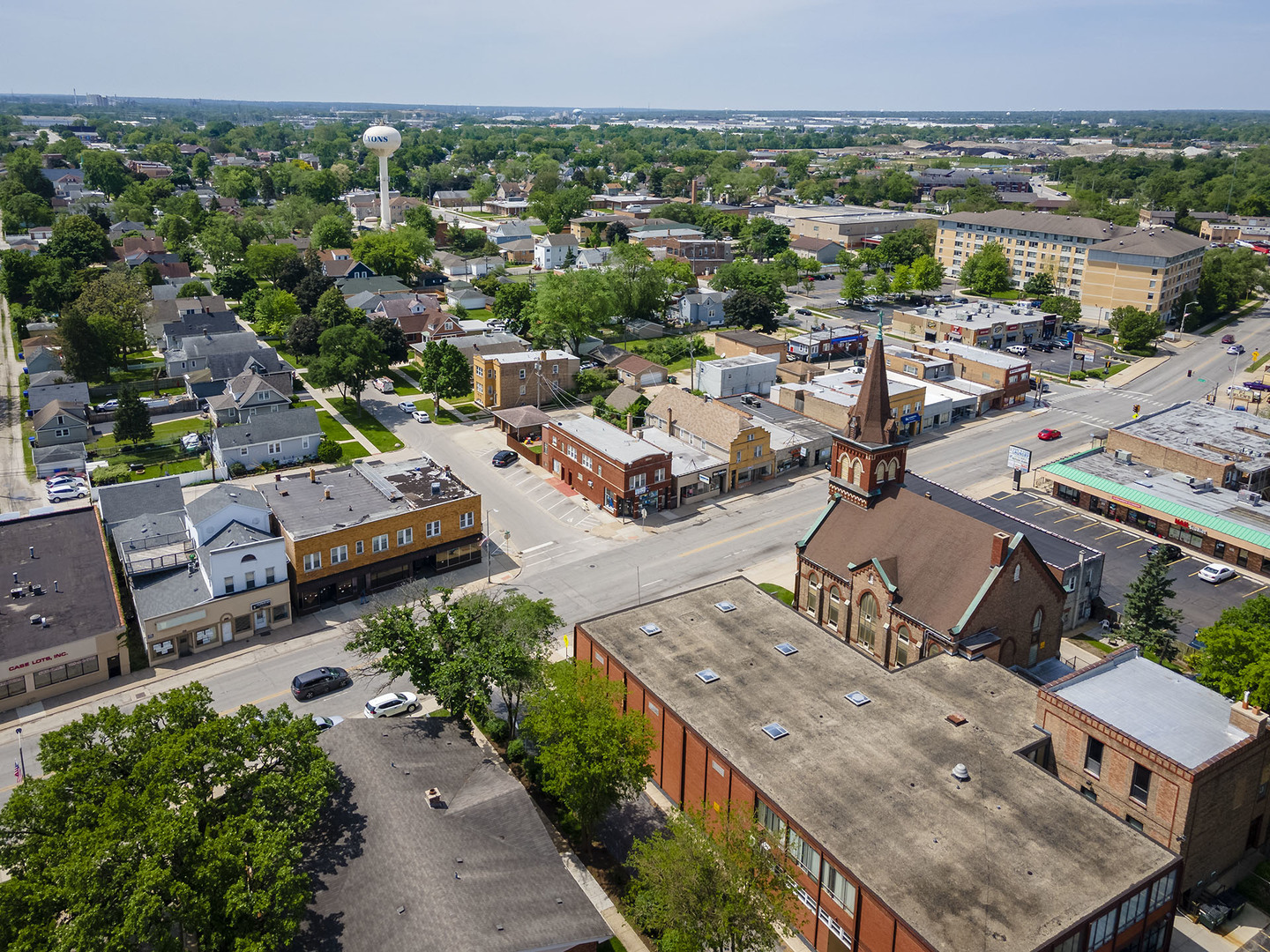 an aerial view of a house with a garden