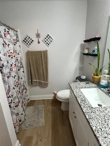 a bathroom with a granite countertop sink and a toilet