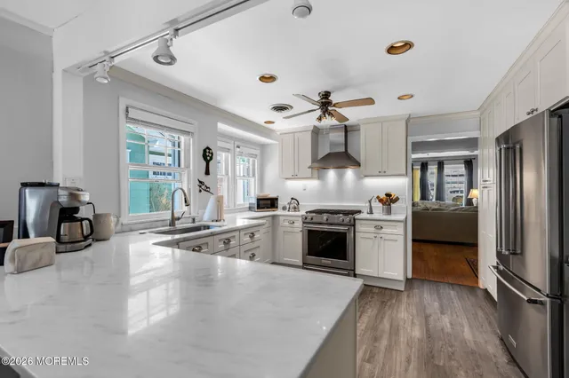 a view of a dining room with furniture