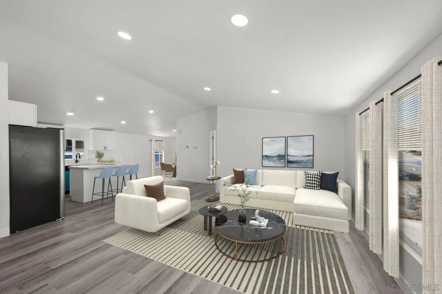 a living room with furniture and a table