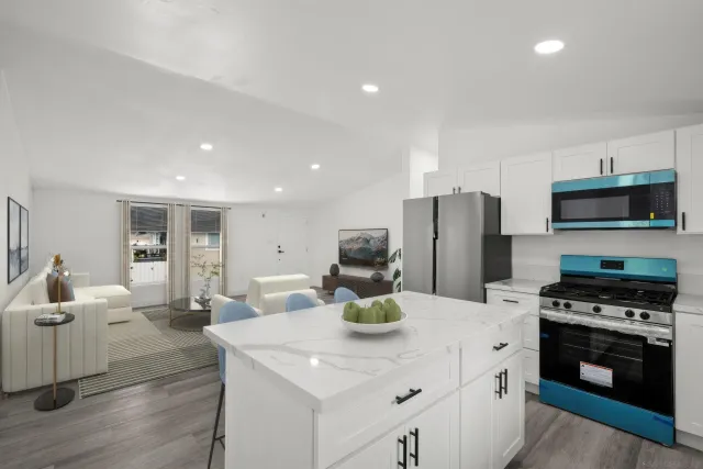 a kitchen with stainless steel appliances a stove a sink a refrigerator a center island and couches