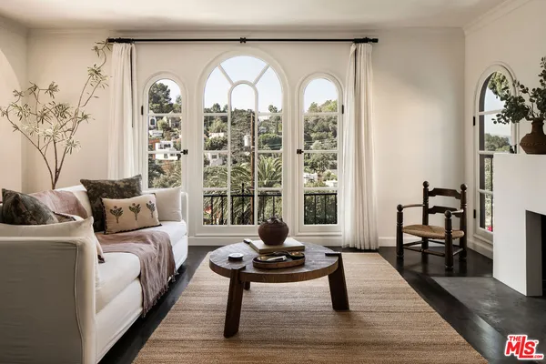 a living room with furniture and a potted plant