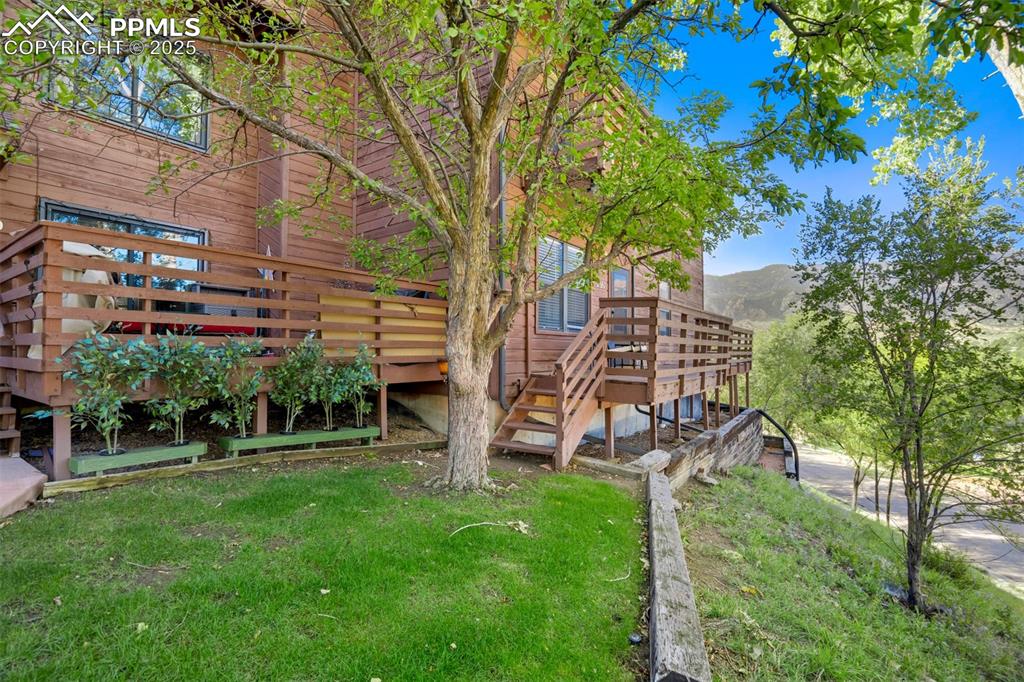 a view of a garden with a slide