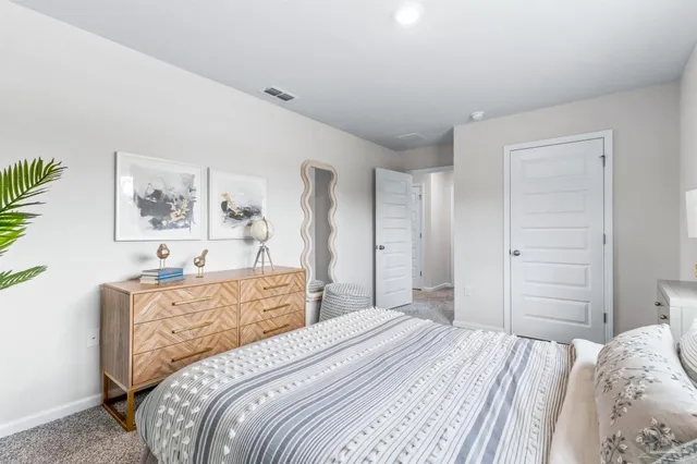 a bedroom with a bed and a dresser