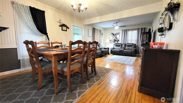 a view of a dining room with furniture