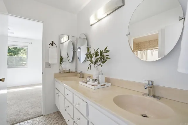 a bathroom with a double vanity sink and a mirror