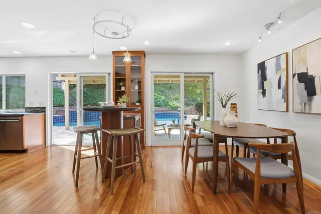 a view of a dining room with furniture window and wooden floor