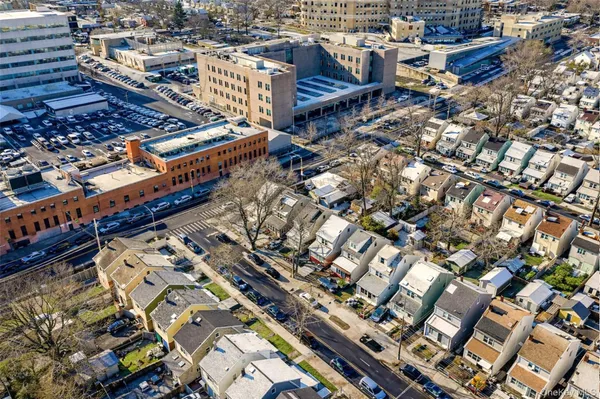 a city view with tall buildings