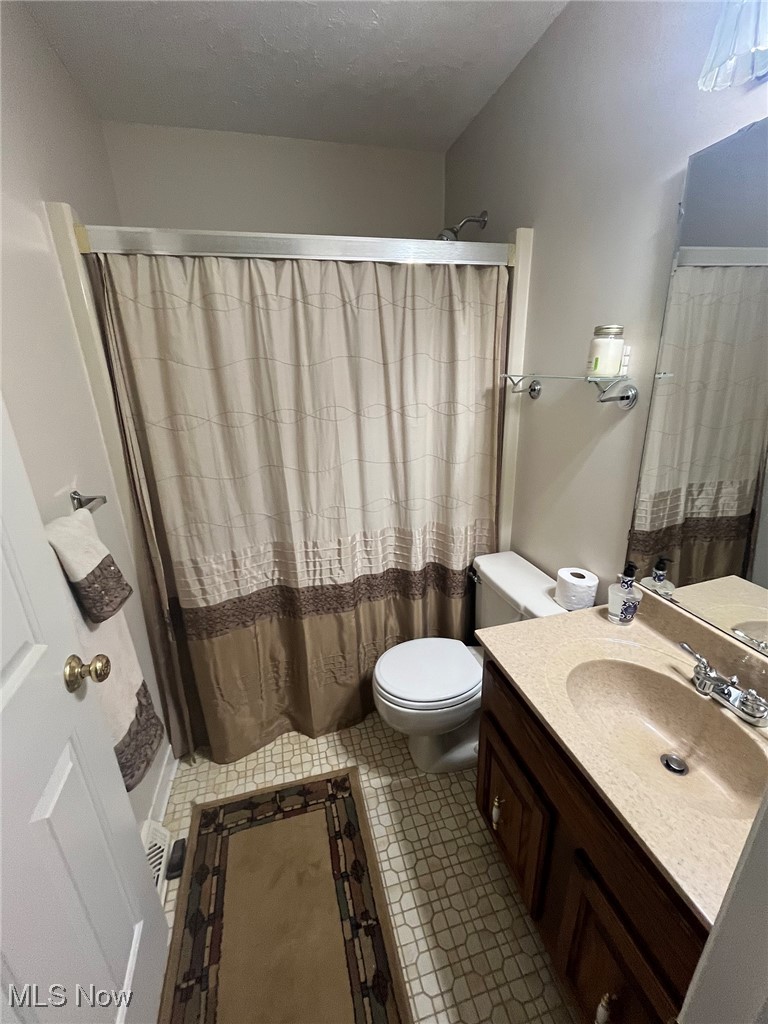 4380 Harner Road Mantua, OH 44255 - Photo 13 of 19 Bathroom featuring vanity, a shower with shower curtain, and a textured ceiling