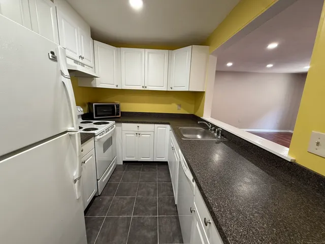 a kitchen with a sink a counter top space stainless steel appliances and cabinets