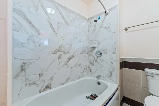 a bathroom with a bathtub and a shower