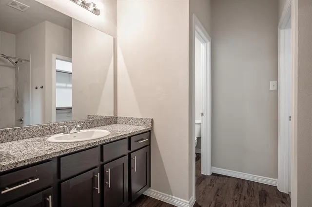 a bathroom with a granite countertop sink and a mirror