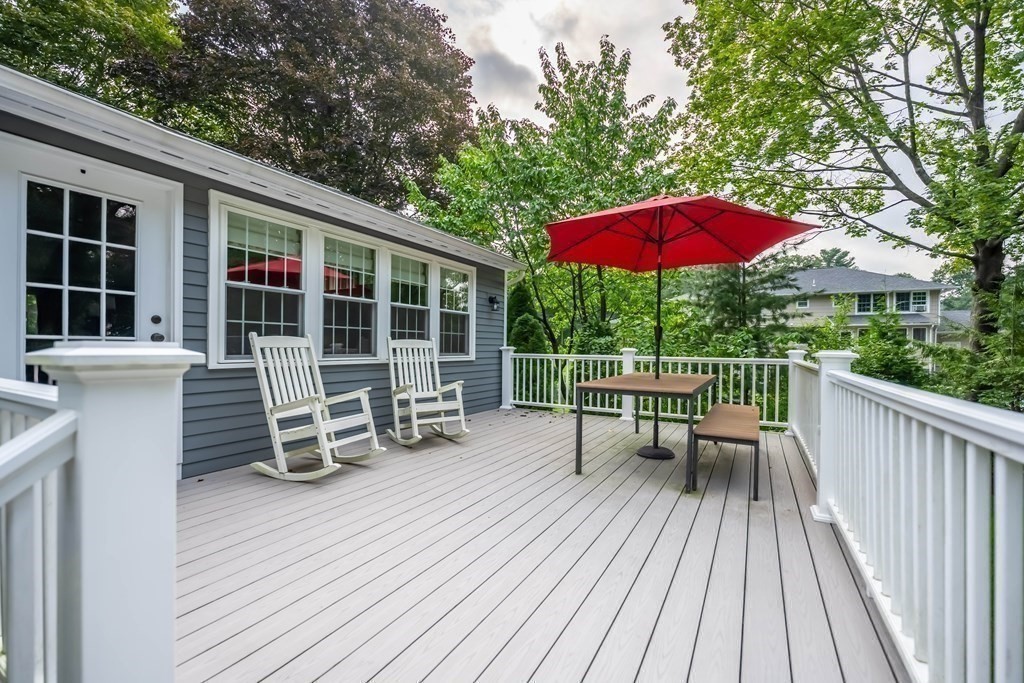 1 Rennie Drive Andover, MA 01810 - Photo 33 of 39 a view of a deck with table and chairs under an umbrella with wooden floor