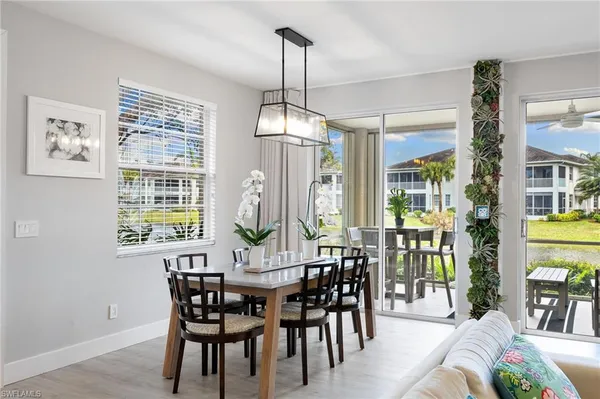 a view of a dining room with furniture window and outside view