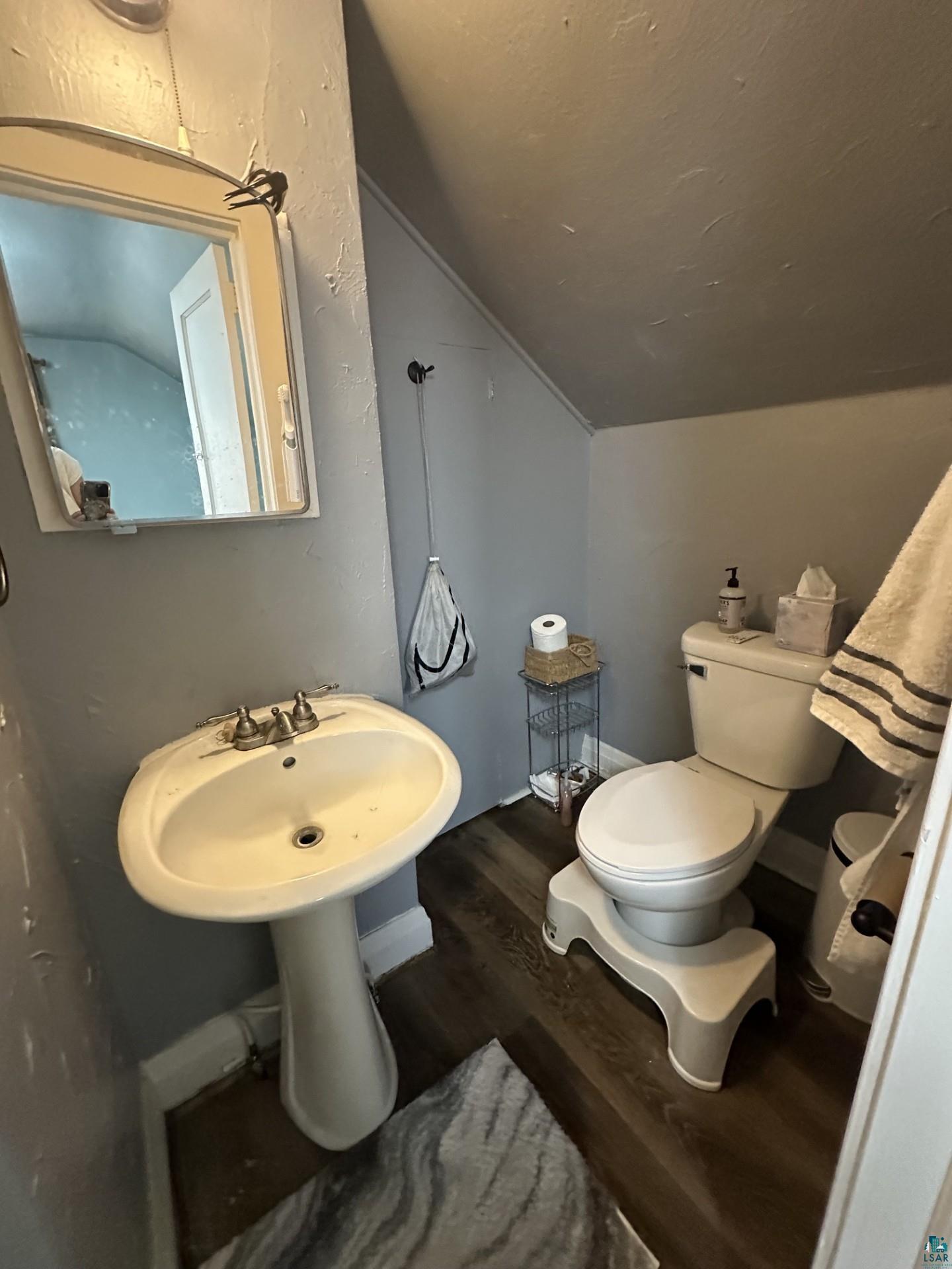 208 Chestnut Street Cloquet, MN 55720 - Photo 22 of 24 Compact bathroom featuring a pedestal sink, wall-mounted medicine cabinet, toilet, and wood-finish flooring