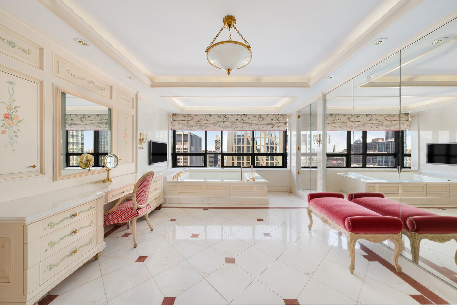 15 West 53rd Street, Unit PH Manhattan, NY 10019 - Photo 20 of 28 a living room with furniture a floor to ceiling window and chandelier