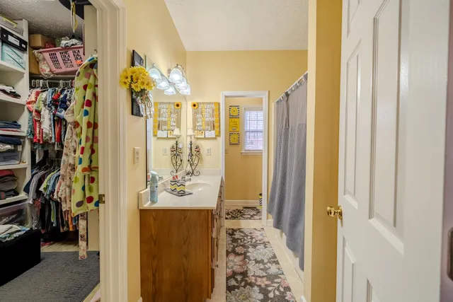 a bathroom with a sink mirror and shower