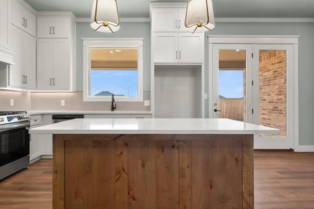 a kitchen with cabinets a window and stainless steel appliances