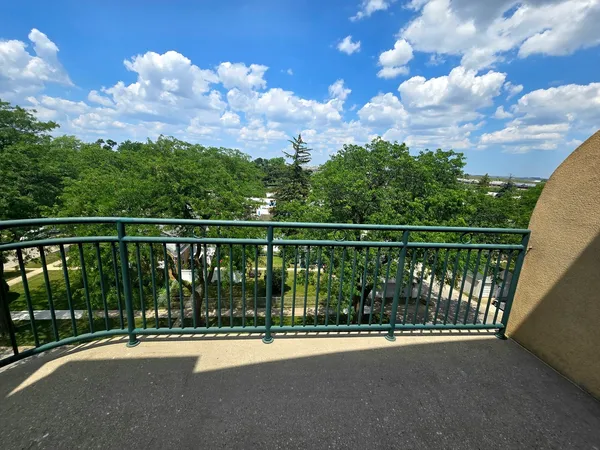 a view of a balcony with a forest