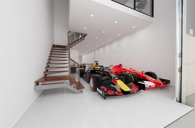 a room with stairs and furniture