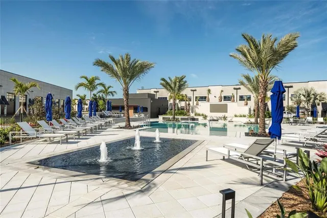 a view of large swimming pool with lawn chairs and large trees