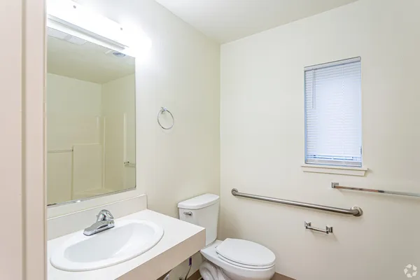 a bathroom with a sink mirror and toilet
